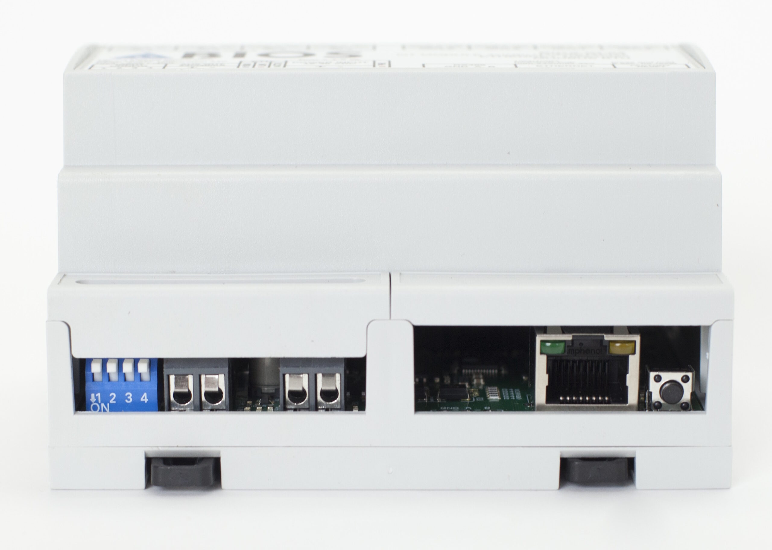 BIOS-IO-02 – przełączniki dip-switch, gniazdo Ethernet RJ45 i kontrolki LED