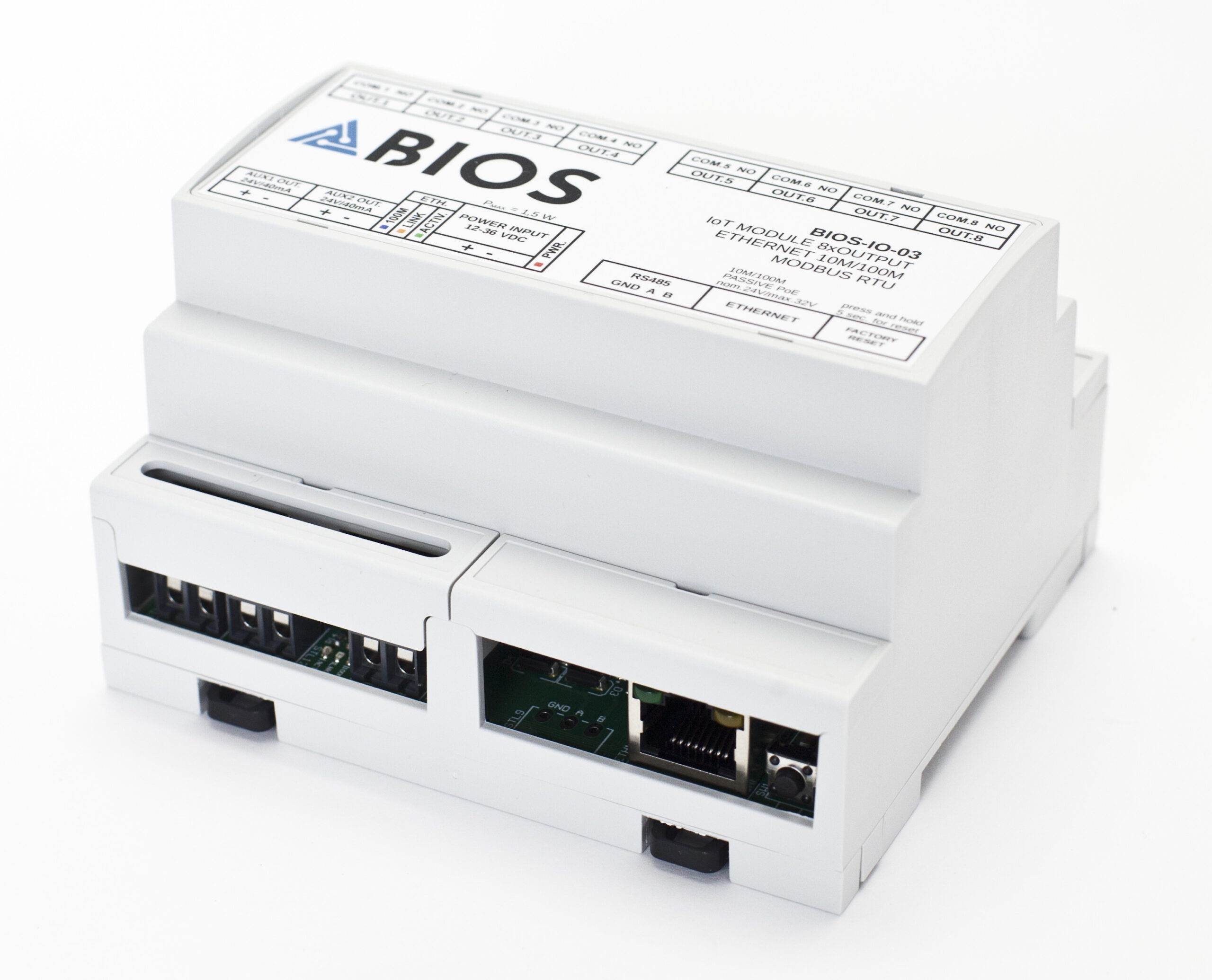BIOS-IO-03 – moduł 8 wyjść przekaźnikowych z Ethernet na szynę DIN