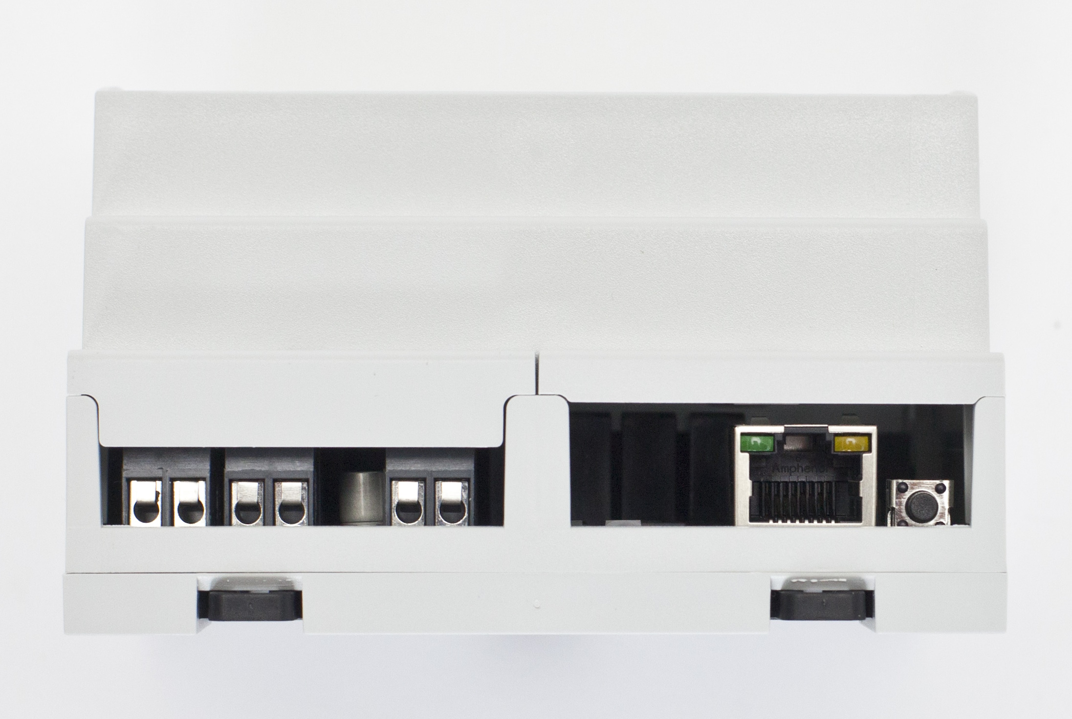 BIOS-IO-03 – zaciski zasilania i wyjść 24 V, gniazdo Ethernet RJ45 i przycisk reset